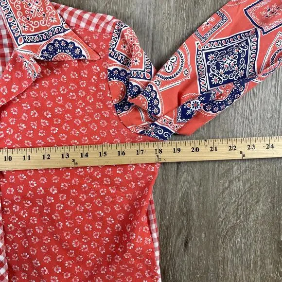 Vintage 70s Daisy Patchwork Point Collar Pocket Blouse Small See Measurements - Picture 7 of 10